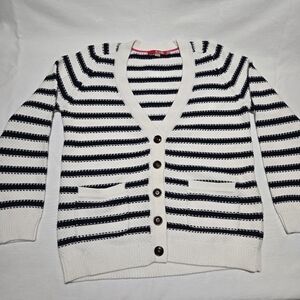 Boden Women's Striped Navy Blue and White Knit Cardigan Sweater Button Up sz 12